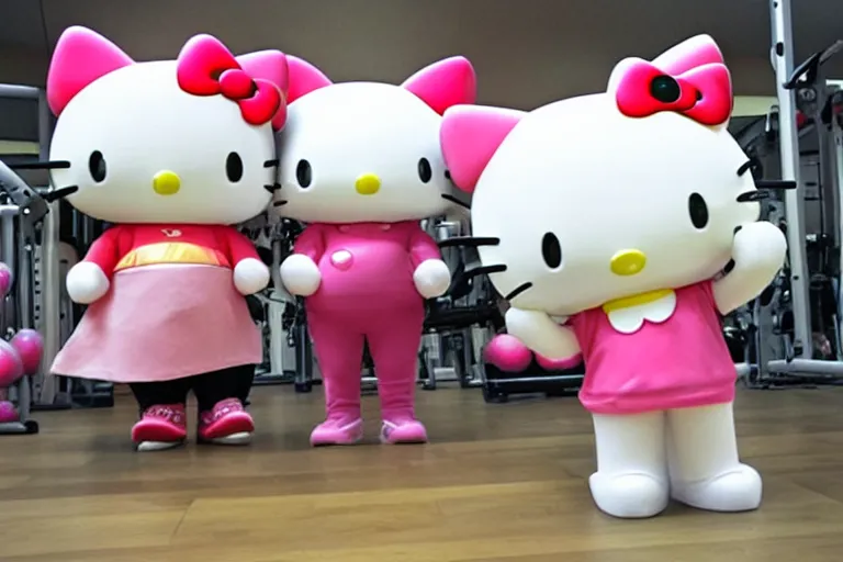 Prompt: animated cartoon film of hello kitty exercising at the gym, hello kitty has big muscles, barbells