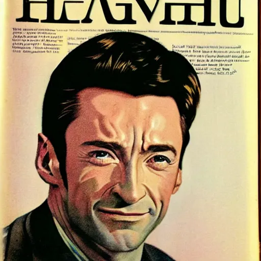 Prompt: Hugh Jackman portrait, vintage magazine illustration 1950