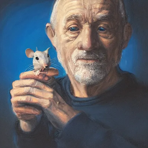 Image similar to A portrait of an old man holding a rat in his hand, dark, blue light, black gradient background, oil painting