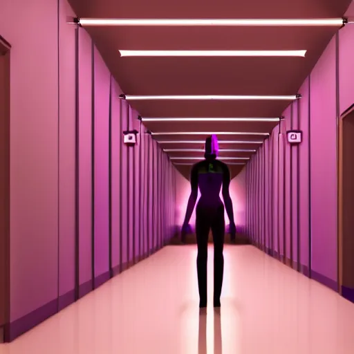 Image similar to long dark corridor with neon purple lights illuminating a woman in a plain, white mask, and wielding a crowbar, standing at the end of the corridor. high quality, ultra detail, realistic, reflective, raytraced reflections, dark corridor, neon purple lights