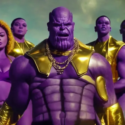 Prompt: thanos in a rap video with female backup dancers, he's wearing gold chains and hammer - pants