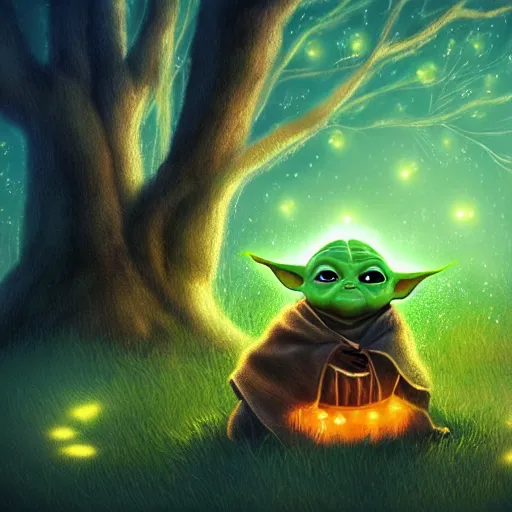 Prompt: Baby yoda sitting under a tree surrounded by luminous fireflies, digital art, trending on artstation, HDR