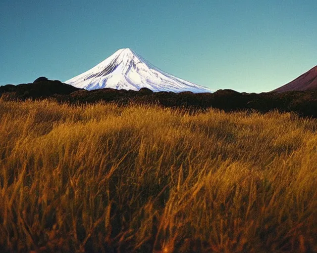 Prompt: A photo of Mt Taranaki in New Zealand at dawn, Long shot, shot on Ektachrome E100 film, rule of thirds, trending on Instagram, award winning photography