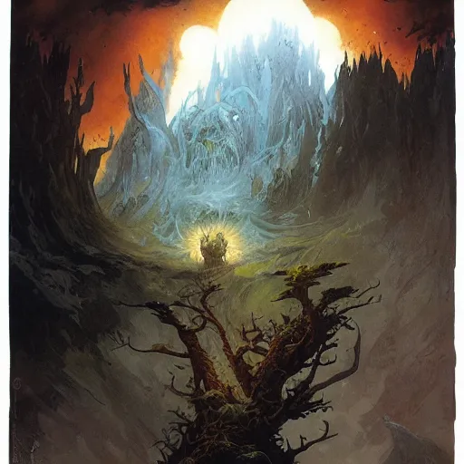 Prompt: a druid at the beginning of the world by alan lee and peter mohrbacher and frank frazetta and mike mignola