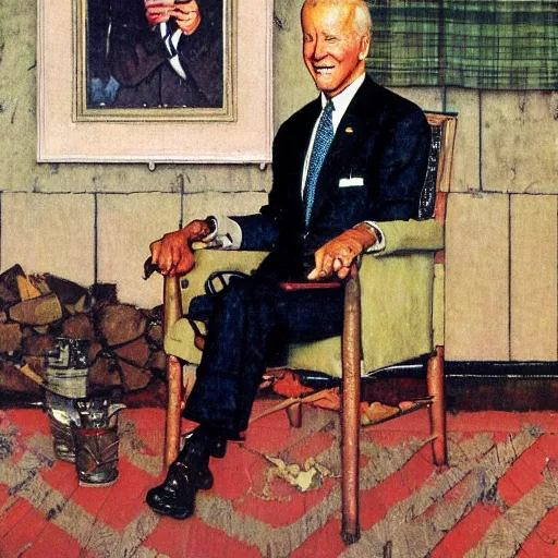 Image similar to a portrait painting by Norman Rockwell of Joe Biden sitting in a chair. Cozy fire. Legs crossed