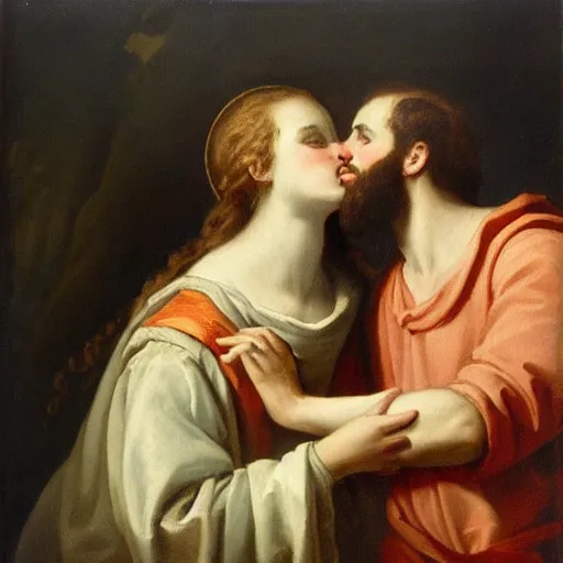 Image similar to 1 8 th oil panting of a jesus kissing with maria maddalena