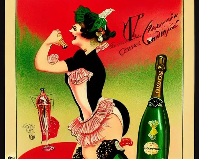 Image similar to vintage, melchizedek champagne bottle. cancan girl dancing, french, realistic, cheerful, belle epoque, leonetto cappiello, pur champagne damery, 1 9 0 2