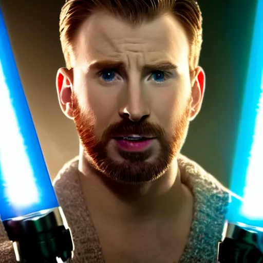 Image similar to Chris Evans holding a blue lightsaber dramatically, 4k, very detailed, backlit