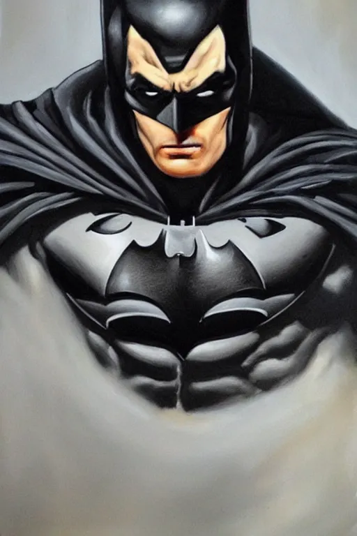 Prompt: A portrait painting of the muscular batman