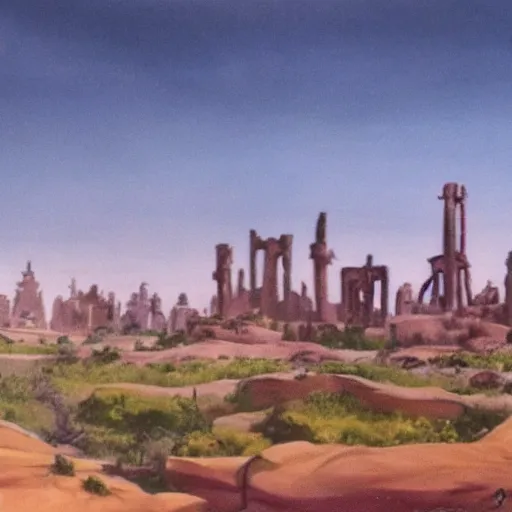 Prompt: 1 9 4 8 unused disney matte painting of a wasteland with the ruins of a modern city in the distance.