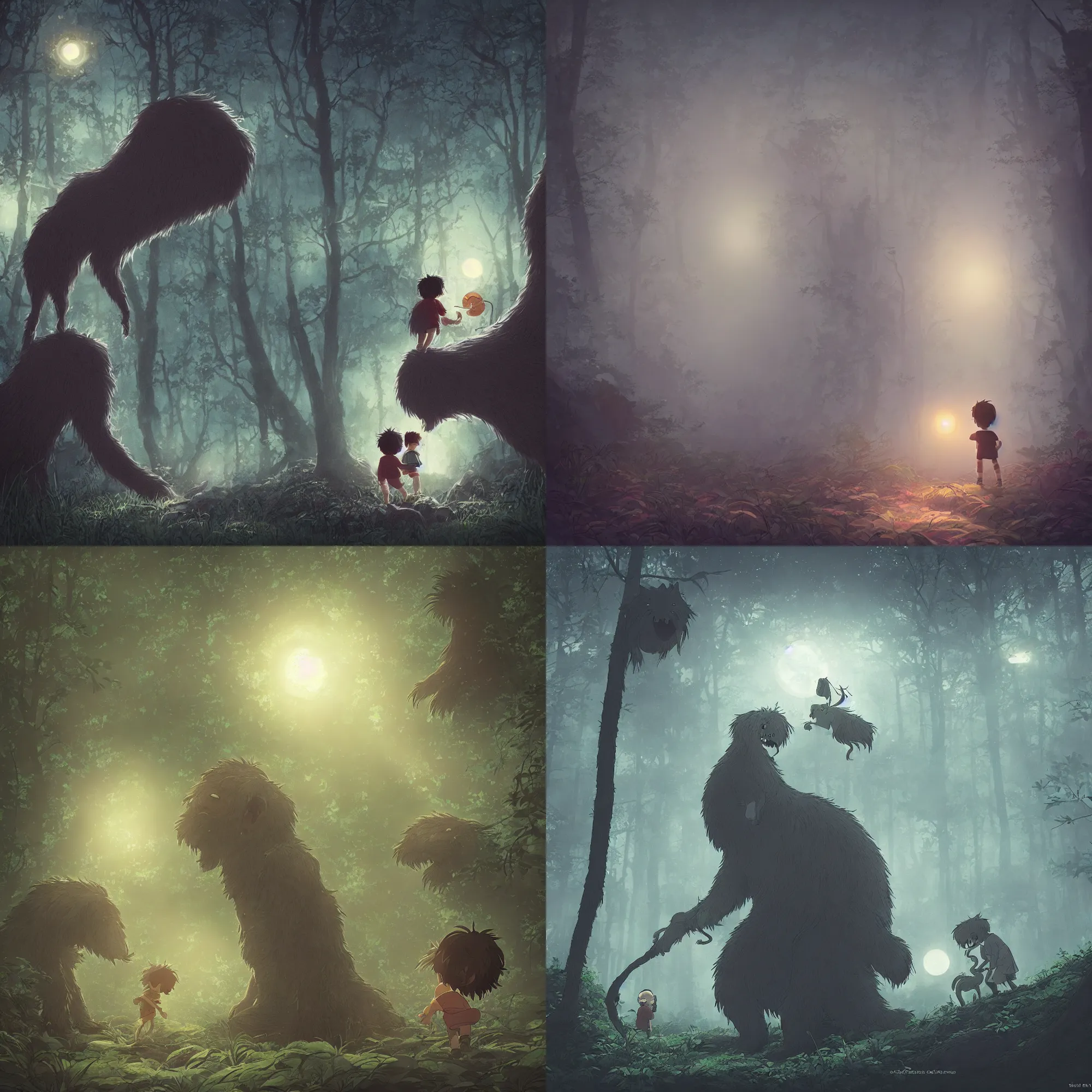 Prompt: a small boy discovers a giant hairy monster in a misty moonlit forest, surrounded by fireflies, art by studio ghibli, trending cgsociety, cinematic lighting