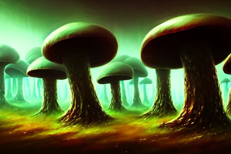 Image similar to a giant mushroom forest in the style of Anato Finnstark concept art, 4K, UHD, High quality, Trending on Artstation HQ