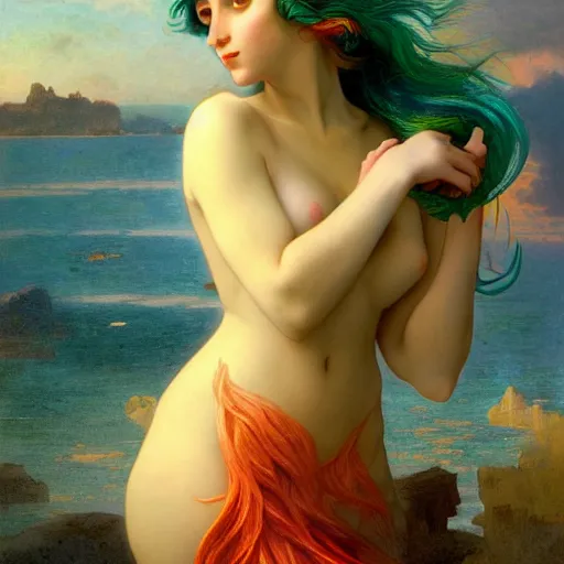 Image similar to a beautiful stunning interesting detailed fantasy whimsical matte digital portrait illustration of a mermaid with blue-green hair, yellow-orange and red-violet spectacular sunset, in the style of William Adolphe-Bouguereau and Marc Simonetti, magic the gathering, trending on artstation hq, contest winner