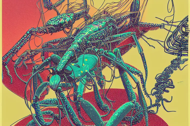 Image similar to risograph grainy drawing vintage sci - fi, satoshi kon color palette, gigantic fat mantis full - body covered with robot parts and wires, with lot tentacles, insects and dragonflies around, painting by moebius and satoshi kon and dirk dzimirsky close - up portrait