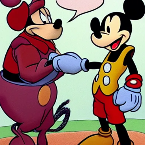 Image similar to Mickey Mouse talking with Master Splinter from TMNT, Disney style,