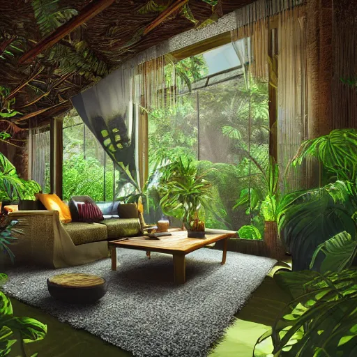 Prompt: interior design of a jungle house, vivid lighting, photorealist, 4 k