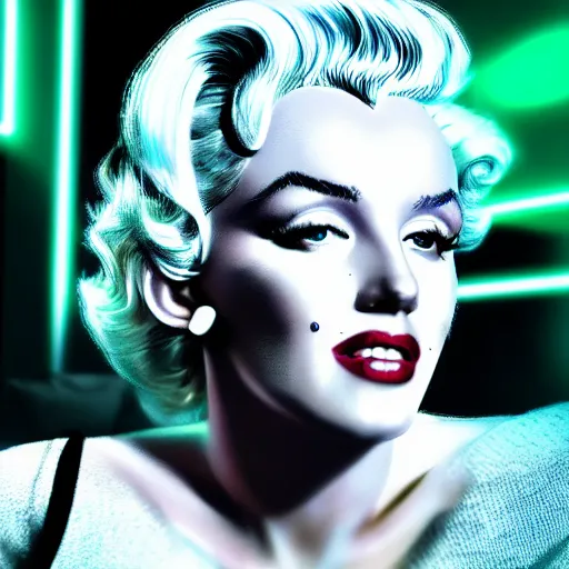 Image similar to marilyn monroe portrait, cyberpunk vr headset, futuristic, wires, neon hard lights, realistic, detailed, photography, vogue photoshoot