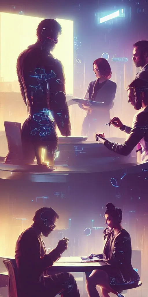 Prompt: three artists signing a contract in a private meeting in a virtual secured metaverse room, holograms, funtime corporation branding, by greg rutkowski, cyberpunk 2 0 4 8, blade runner 2 0 9 9, 4 k, ominous, elegant, golden ratio, awe inspiring