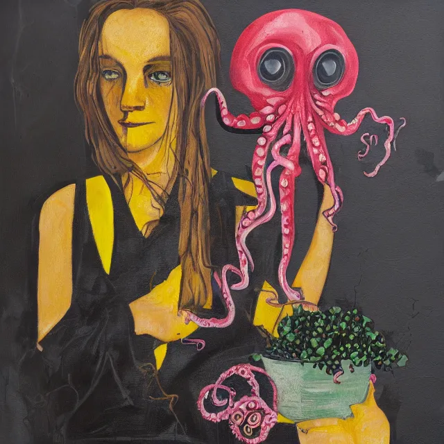 Image similar to a portrait in a dark cafe, a woman holding an octopus, streetlamps, wet, puddles, wild berries, rats, ikebana, neo - expressionism, surrealism, acrylic and spray paint and oilstick on canvas