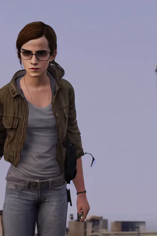 Prompt: Emma Watson as a GTA V NPC, in game capture. 3D Render.