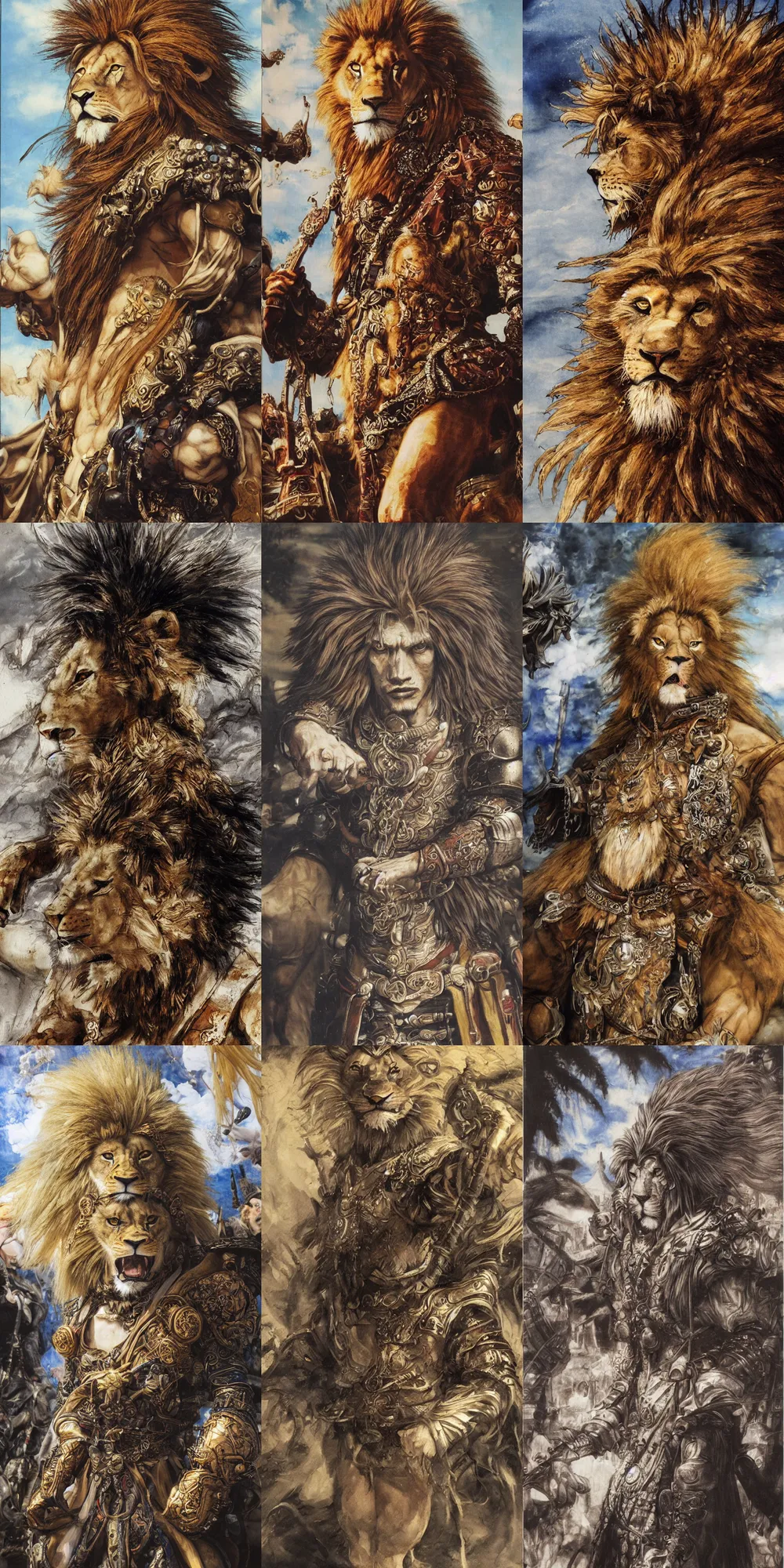 Image similar to 8 k yoshitaka amano painting of upper body of a young cool looking lion beastman with white mane at a medieval market at windy day. depth of field. he is wearing complex fantasy clothing. he has huge paws. renaissance style lighting.