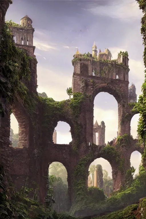 Prompt: gigantic castle, arches adorned pillars, towers, archways, gnarly trees, lush vegetation, forrest, landscape, raphael lacoste, eddie mendoza, alex ross, concept art, matte painting, highly detailed, rule of thirds, dynamic lighting, cinematic, detailed, denoised, centerd