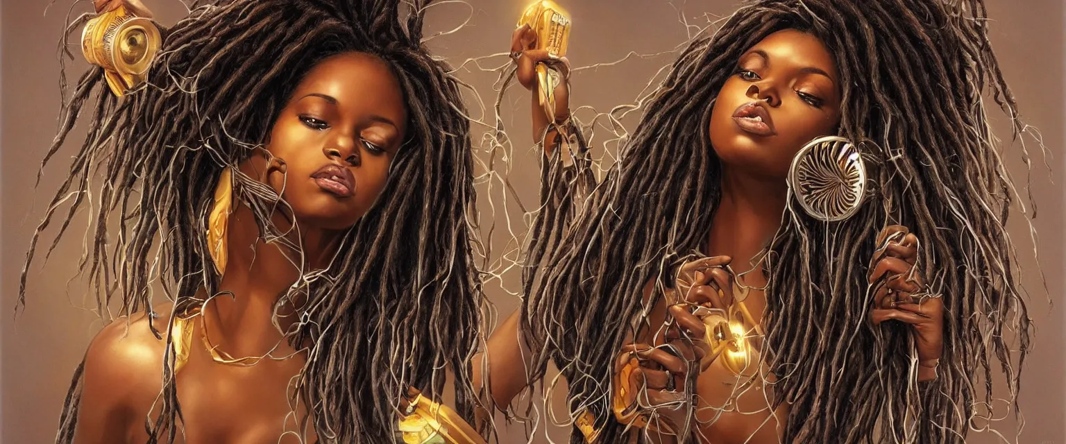 Prompt: a highly detailed symmetrical full body painting of a dark skinned beautiful black woman blow drying dreadlocks in 1 9 8 0's setting, dynamic lighting, ambient lighting, deviantart, art by artgerm and karol bak and mark brooks h