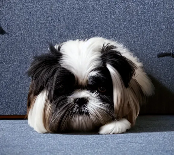 Prompt: a cute black shih - tzu under a bed. hyper realistic and anamorphic 2 0 1 0 s movie still of giovanni falcone, by paolo sorrentino, leica sl 2 3 0 mm, beautiful color, high quality, high textured, lens flare, refined face