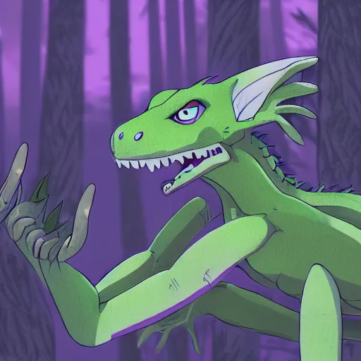 Image similar to concept art painting of an anthropomorphic purple gray hybrid reptile anime furry, in the deep forest, realistic, detailed, cel shaded, in the style of makoto shinkai and greg rutkowski and james gurney