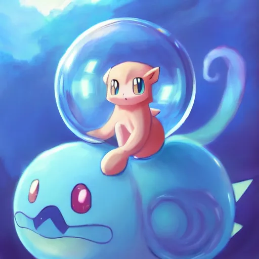 Image similar to cinematic portrait of cute Mew riding large blue bubble, oil on canvas in the style of Pokemon, epic masterpiece, trending on artstation, featured on pixiv, cinematic composition, dramatic pose, beautiful lighting, sharp, details, hyper-detailed, HD, HDR, 4K, 8K