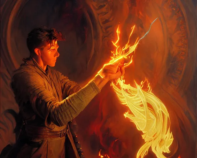 Image similar to attractive male wizard casting powerful fire spell. highly detailed painting by gaston bussiere, craig mullins, j. c. leyendecker 8 k