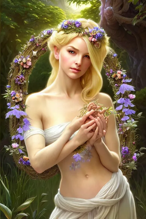 Image similar to beautiful blonde woman in the image of a fairy - tale princess in the garden with a wreath in her hands, deep focus, d & d, fantasy, complex, elegant, highly detailed, digital painting, artstation, concept art, matte, clear focus, illustration, hearthstone, works by artgerm and greg rutkowski and alphonse mucha