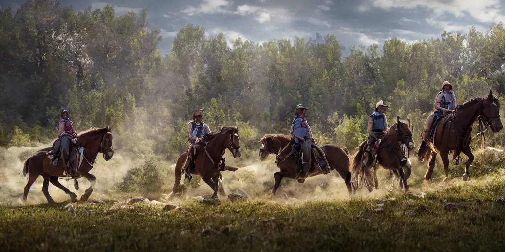 Image similar to promotional movie still rendered in 8 k hq 3 d octane ue 5, medium close - up, of an action shot from little bighorn, horseback riders have small bits of colorful clothing, majestic action, focusing on the offset center of the scene, intense dramatic hdr, natural light, cinematic lighting, extremely high detail, photorealistic