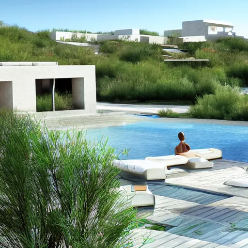 Image similar to architectural rendering of habitat 6 7 in the desert, biophilia style, pool, garden