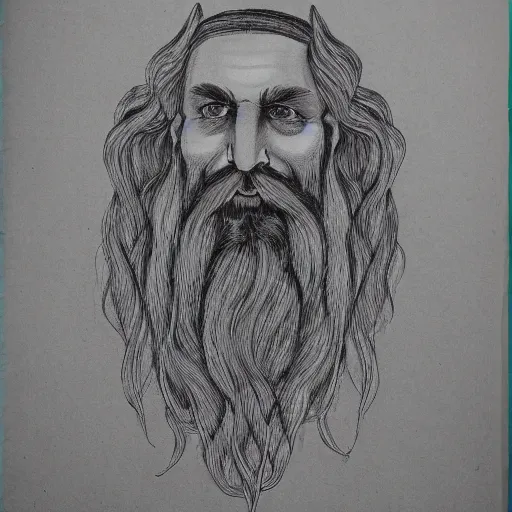 Prompt: bearded male druid gray face pointy ears with vines as hair drawing