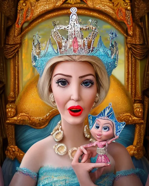 Image similar to highly detailed closeup, face profile portrait of a tin toy ivanka trump as a fairytale princess wearing a crown and eating cakes, bikini, depth of field, nicoletta ceccoli, mark ryden, lostfish, dan decarlo, bob clampett, max fleischer, breathtaking, detailed and intricate environment, 8 k resolution, hyperrealistic, octane render