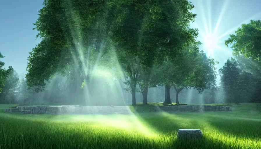 Prompt: round greek temple standing between large trees, volumetric lightbeams and sunshafts coming from the left illuminating the scenery, long grass in the foreground, digital rendering, artstation, hyperdetailed
