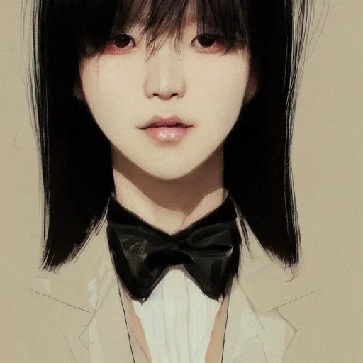 Image similar to portrait of a beautiful korean girl wearing a men's tuxedo, with bangs, very long hair and bangs, angular features, angry expression, dramatic lighting, illustration by Greg rutkowski, yoji shinkawa, 4k, digital art, concept art, trending on artstation