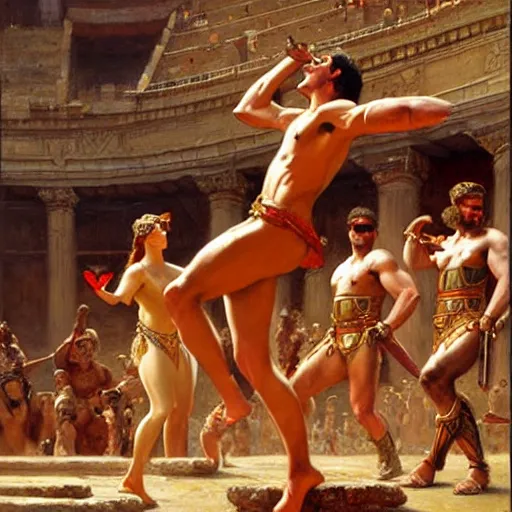 Prompt: gladiators in the coliseum. highly detailed painting by gaston bussiere, craig mullins, j. c. leyendecker 8 k