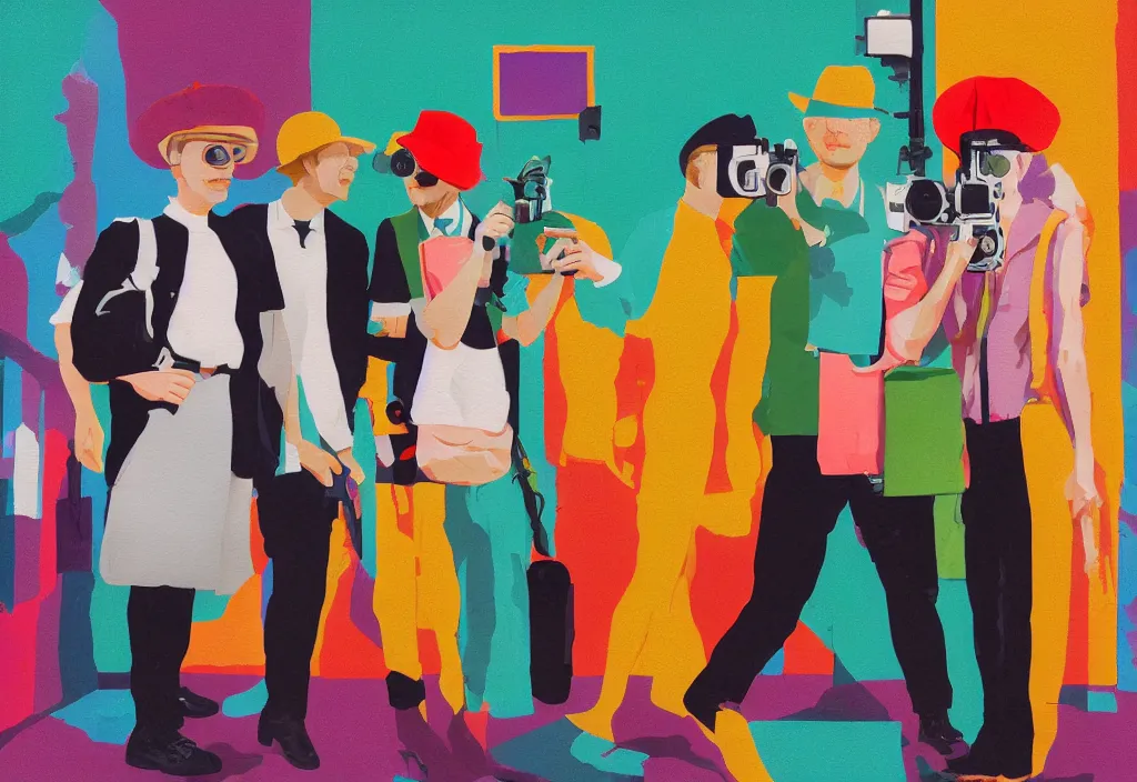 Image similar to full body portrait of a trio of european tourists with nikon cameras, character designs painting, in the style of wes anderson, rene magritte, lola dupre, david hockney, isolated on white background, dark monochrome neon spraypaint accents volumetric octane render