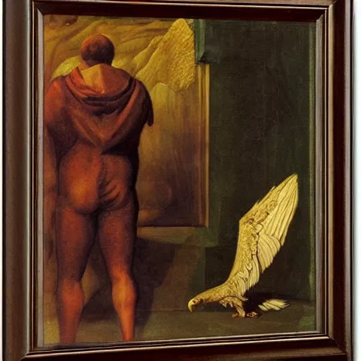 Image similar to a demonic eagle-eyed faun Jan Van eyck john steuart curry