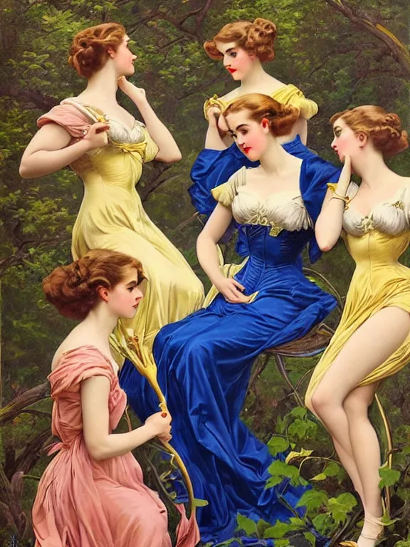 Image similar to Kiernan shipka as the three graces, a beautiful art nouveau portrait by Gil elvgren, Moonlit forest environment, centered composition, defined features, golden ratio, silver jewelry