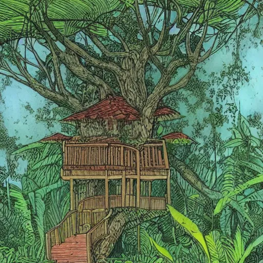 Prompt: a treehouse in a lush jungle during a thunderstorm in the night, drawing by moebius