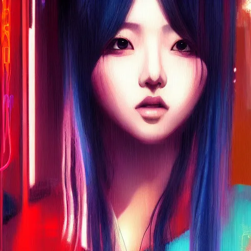 Prompt: a beautiful painting artwork portrait of a kpop icon on a rainy night, cyberpunk, by ilya kuvshinov featured on artstation