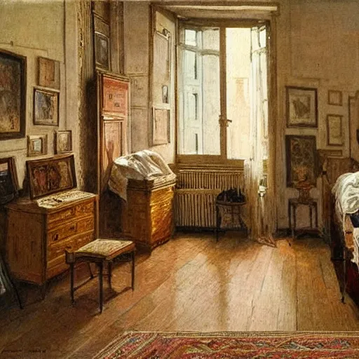 Prompt: very detailed interior of a building, bedroom of an artist in the style of Telemaco Signorini (1835–1901), Italian artist