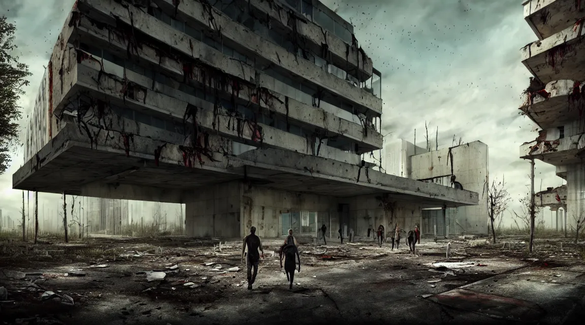 Image similar to post apocalyptic hospital building, survivors walking, morning, building, avenue, modern contemporary urban americana concrete architecture, by pascal blanche, neil blevins, apocalyptic color palette, trending on artstation, photorealistic, wilderness ambiance, ultra detailed, high definition, depth of field, bokeh, rubble, wild vegetation, blood stains, building crumbling