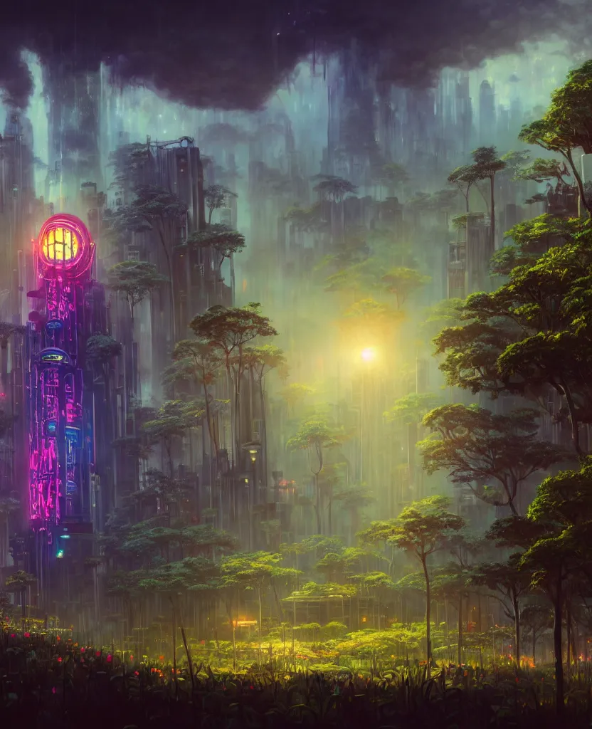 Image similar to building by albert bierstadt, anime cgsociety rainforest junglepunk elysian flowers nature bioshock at dawn at dusk meadow tron matte painting studio ghibli alien futuristic cosmic poppy wilderness fantasy liberty city bladerunner 2 0 4 9 fisheye azeroth, archdaily, wallpaper, highly detailed, trending on artstation.