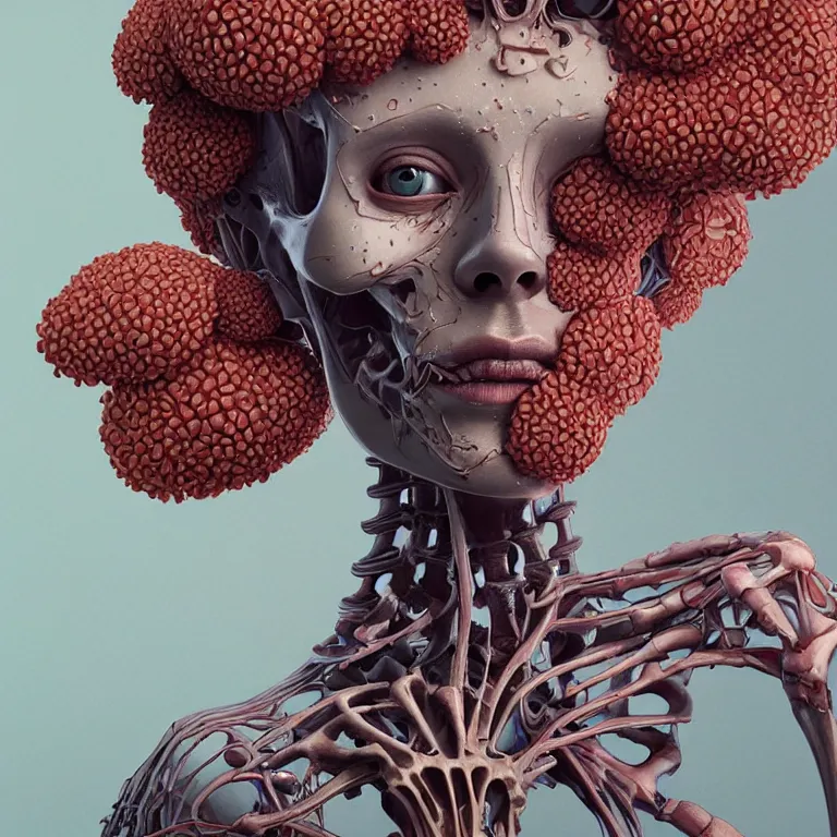 Image similar to portrait of beautiful!! horizontally symmetrical!! woman head with coral!! reef hair. torso, skeleton!, biomechanical android. soft light painted by james jean and moebius!!! and erik jones, inspired by mary jane ansell, smooth face feature, intricate oil painting, high detail 3 d render, sharp high detail