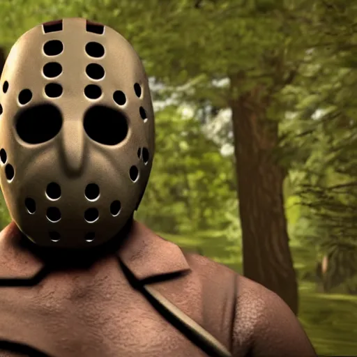 Image similar to Jason Voorhees in the woods unreal engine 5 4K detail