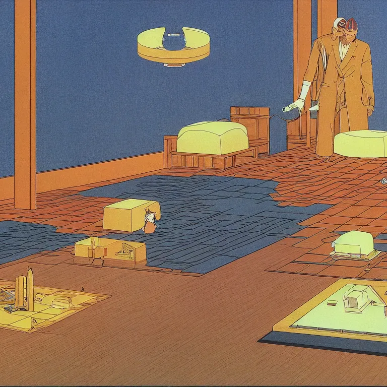 Prompt: a large golden cake in the middle of the room, embedded with spy listening devices planted by the government, acid and dreaming psychedelic hallucinations, by kawase hasui, moebius and edward hopper, colorful flat surreal design, hd, 8 k, artstation